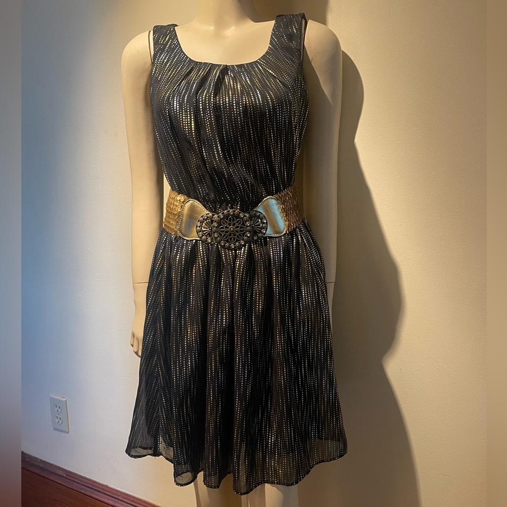 Fun Gold Silver and black mini dress with a sequin gold belt.